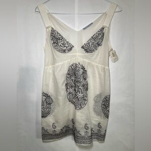 Strenesse Blue Flowy Cream Top W/ Black Paisley Embroidery Boho Rebel Size 6 NWT